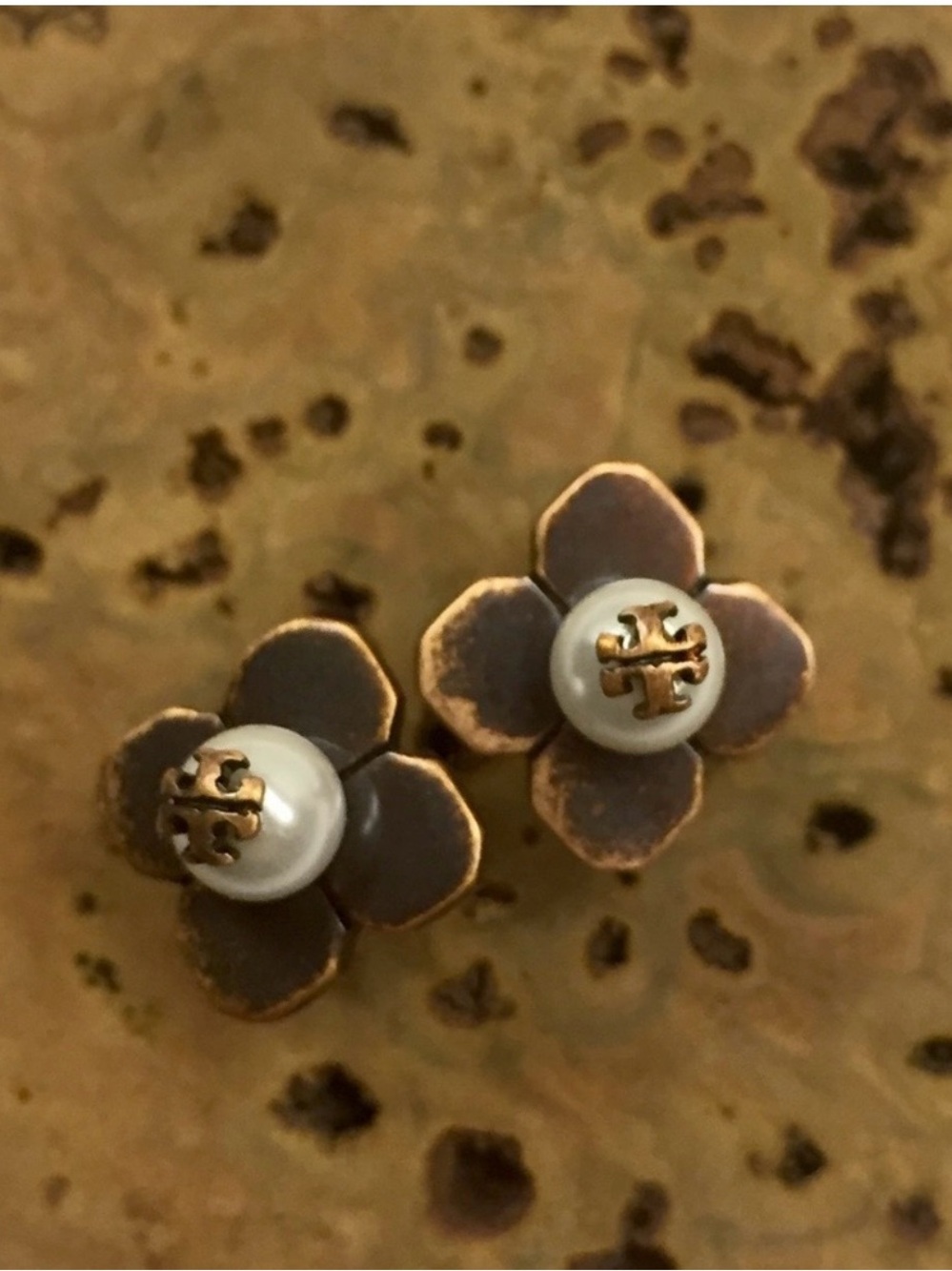 Tory Burch Brown and Gold Flower Pearl Stud Earrings